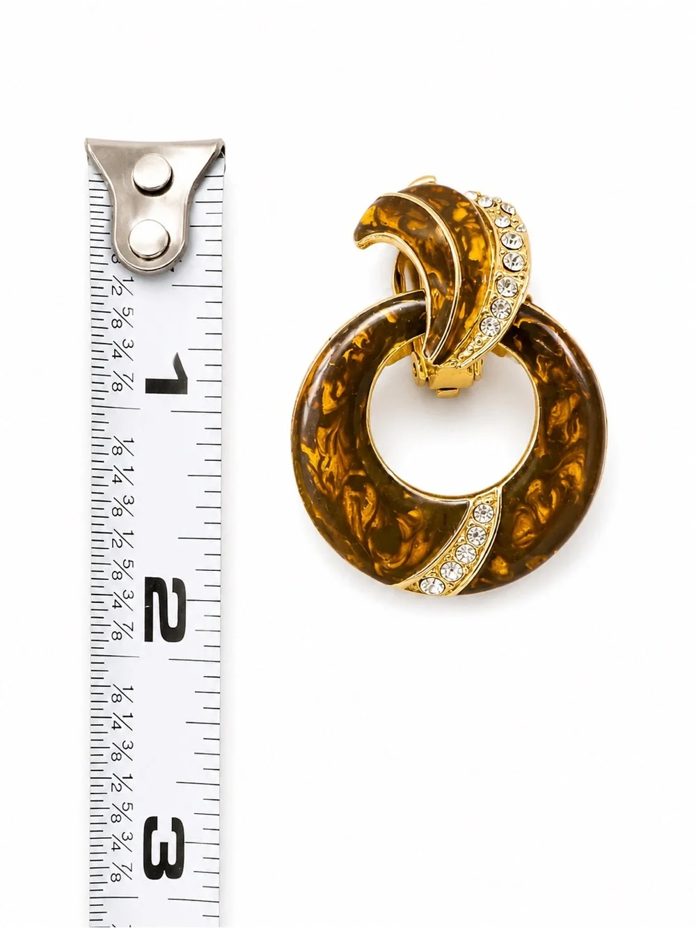 Vintage Tortoise Lucite Rhinestone Clip-On Earrings – Gold Tone Statement Hoops‎